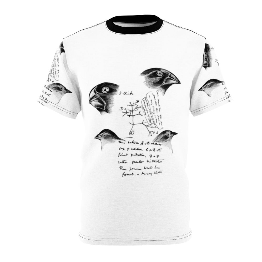 T-shirt featuring an all-over print design of Darwin's finches, a key element in the theory of evolution.