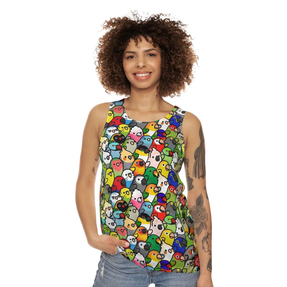 Unisex tank top with a vibrant tropical bird pattern - women