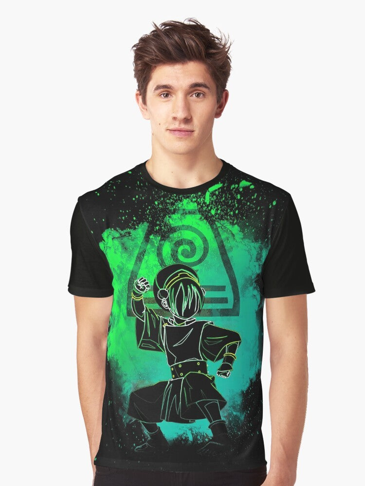 Colorful graphic t-shirt design featuring the silhouette of an earth bender from the Avatar: The Last Airbender cartoon series. - Men