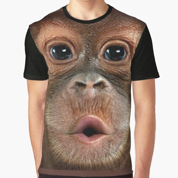 Hyper realistic illustration of a baby orangutan monkey on a graphic t-shirt