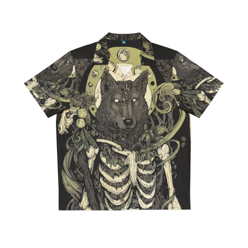 Dark lycanthropy Hawaiian shirt featuring a werewolf wolf and skull skeleton design