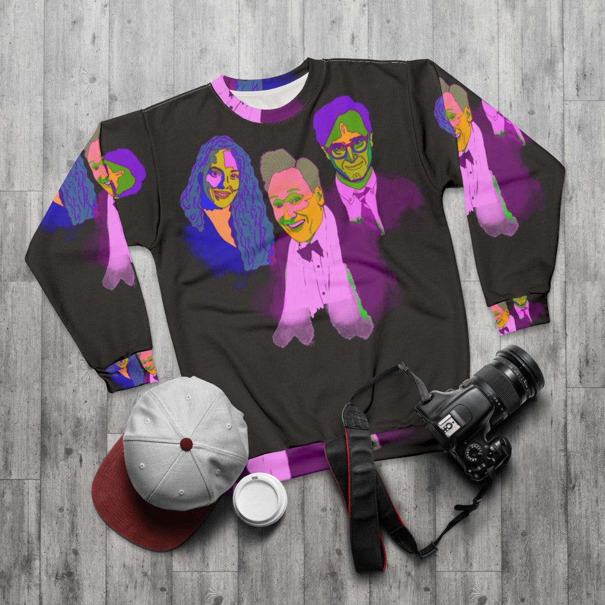 Bold and unique Conan O'Brien abstract art portrait sweatshirt - flat lay