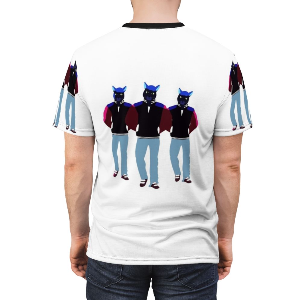 T-shirt featuring an animated humanoid cat inspired by the music video for Caravan Palace's song "Lone Digger" - men back