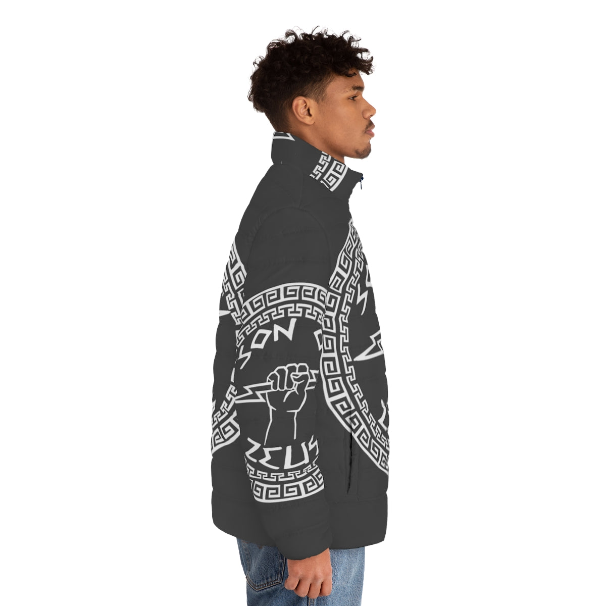 Son of Zeus Puffer Jacket featuring Greek mythology inspired design - men side right