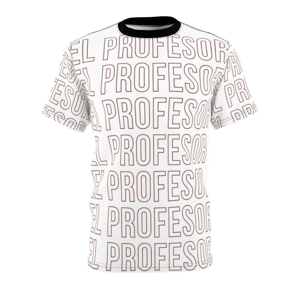 Money Heist inspired t-shirt with lettering design featuring El Profesor character