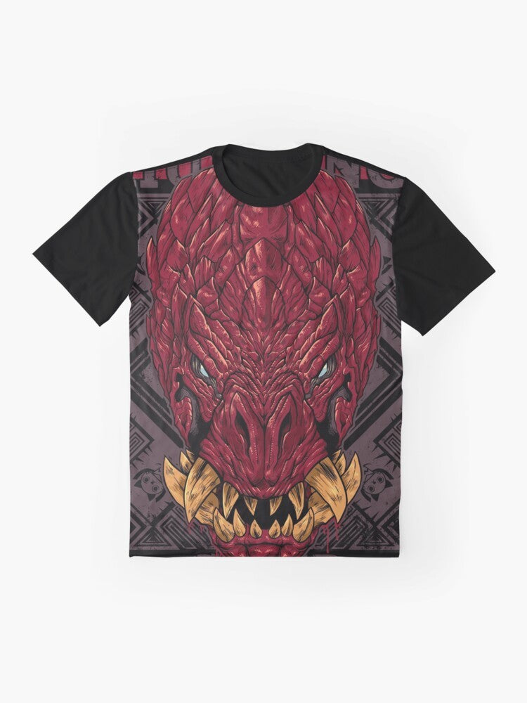 Odogaron monster from Monster Hunter World featured on a graphic hunting club t-shirt - Flat lay