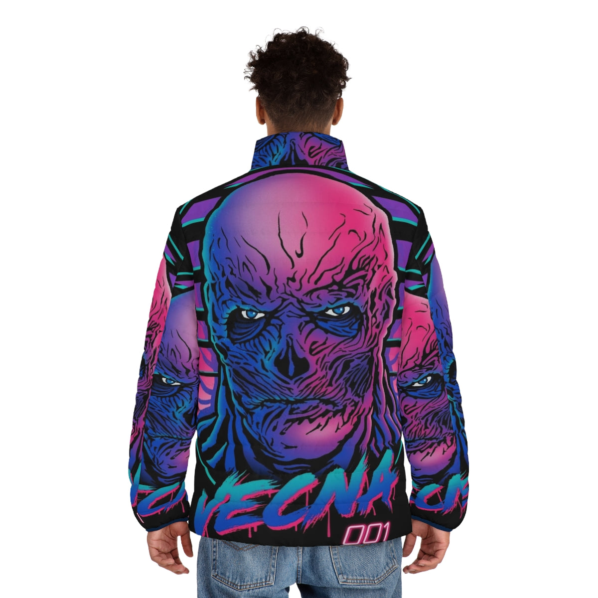 Retro Vecna Puffer Jacket with 80s-inspired design featuring Stranger Things-inspired elements - men back