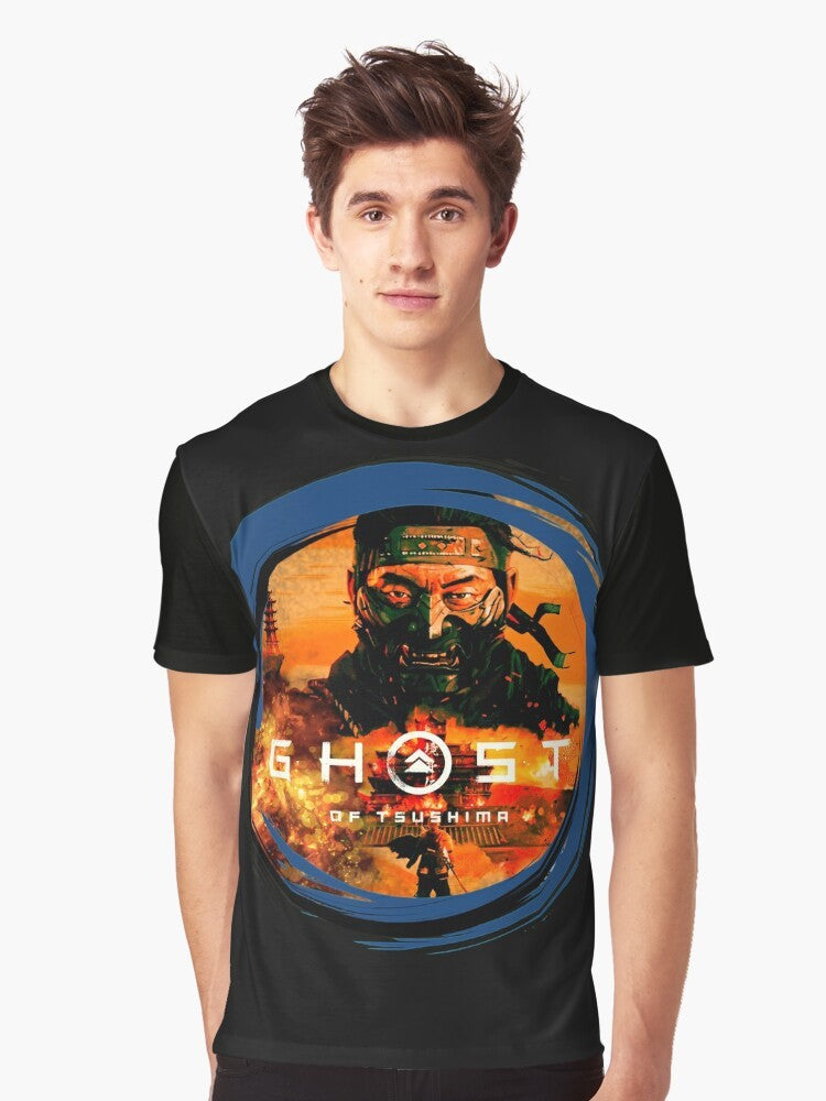 A stylized graphic t-shirt featuring the ghost of tsushima, samurai, ninjas, and Japanese art. - Men