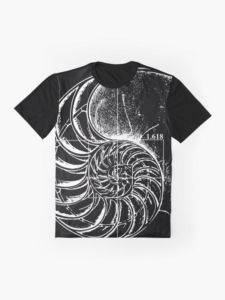 Fibonacci spiral pattern on a nautilus shell, a graphic t-shirt design featuring mathematics and science. - Flat lay