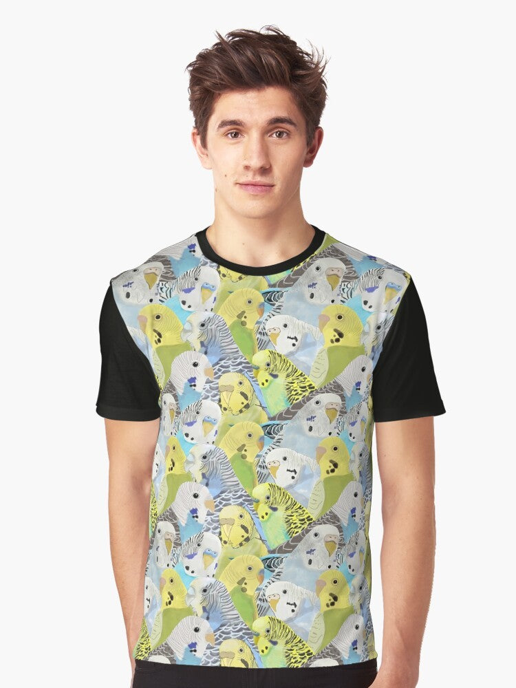 Colorful graphic t-shirt featuring a design of cute budgie parakeets - Men