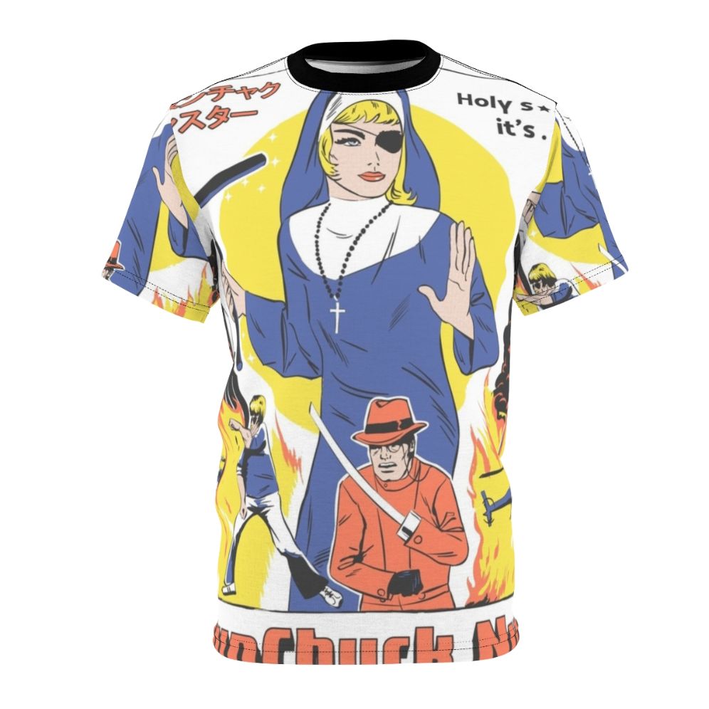 A stylish t-shirt featuring a nun wielding nunchucks in a retro, pop culture-inspired design.