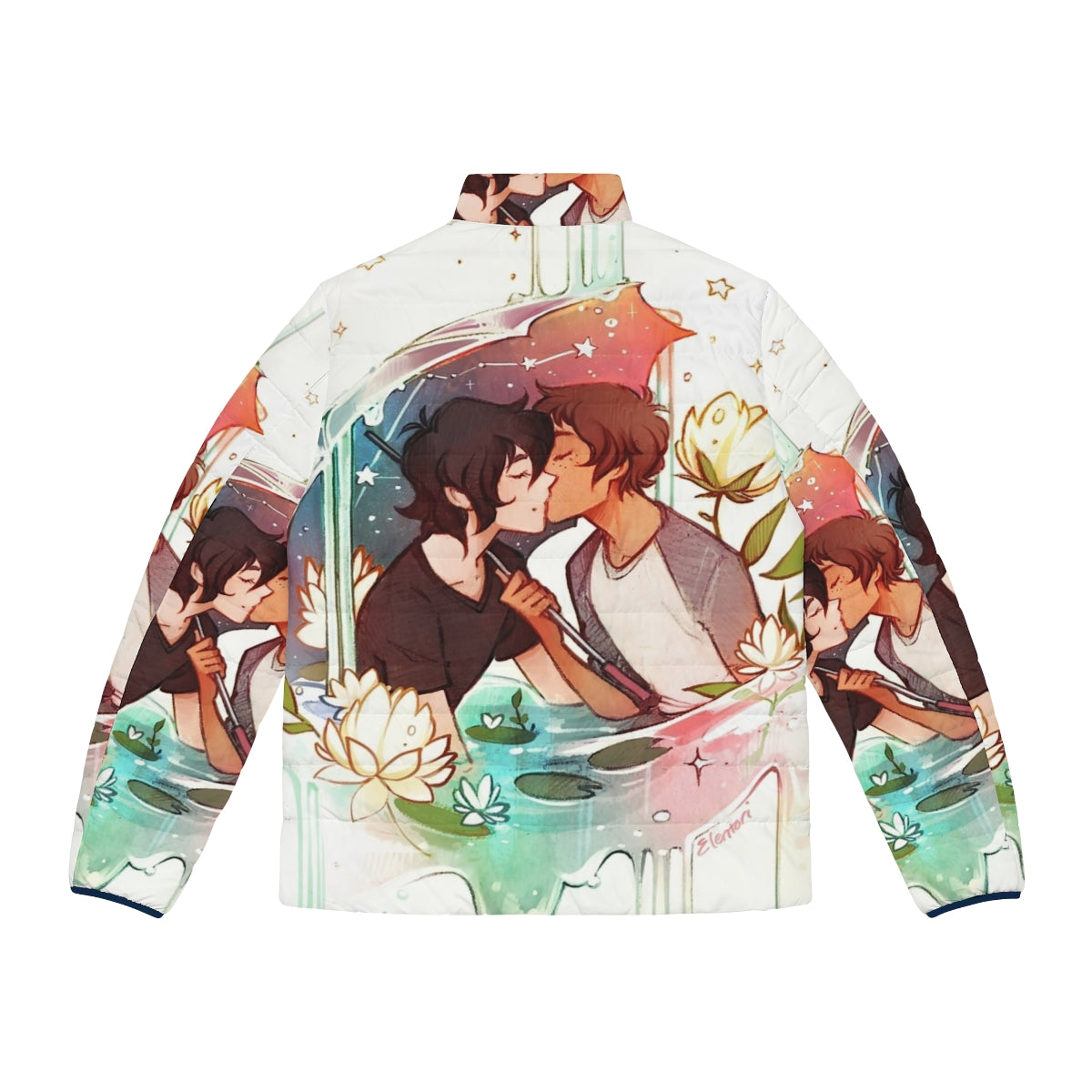 Voltron-themed puffer jacket with focus on Klance characters Keith and Lance - Back