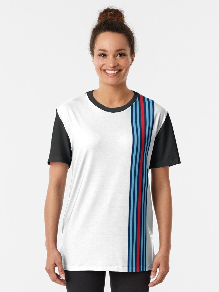 Classic racing stripes graphic t-shirt featuring a vintage and modern design - Women