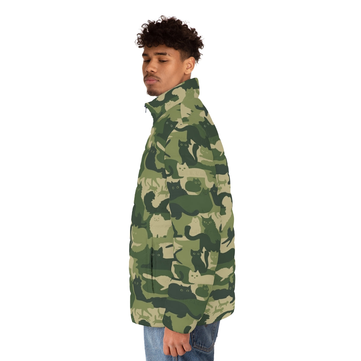 Army green camouflage puffer jacket with funny cat silhouette pattern - men side left