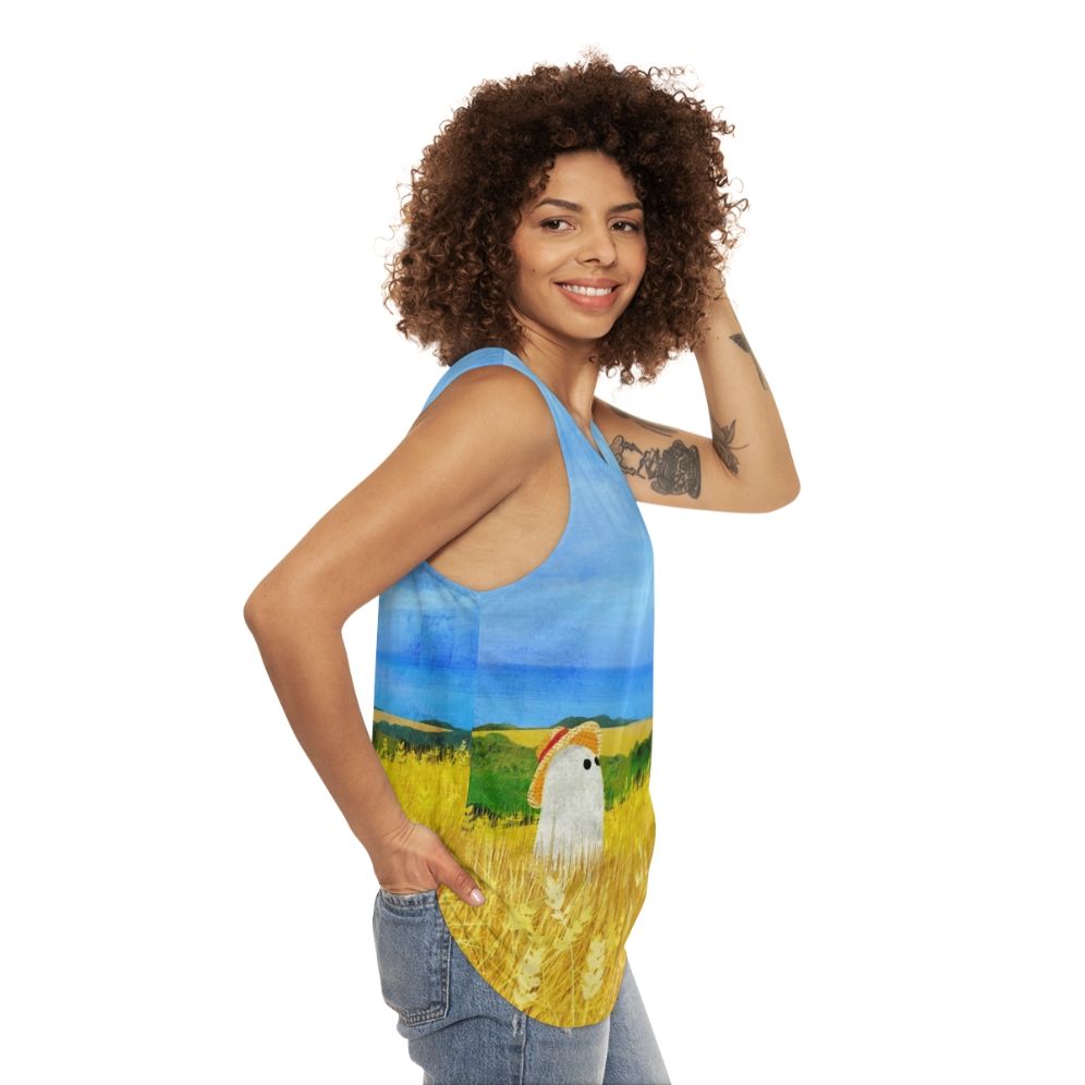 Unisex tank top with a ghost in a wheat field design - women side