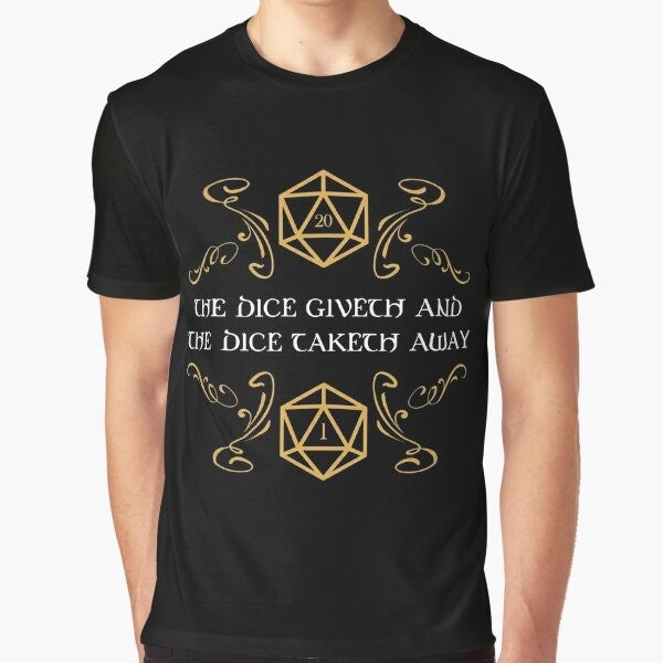 Dungeons and Dragons t-shirt featuring a graphic design of dice with "The Dice Giveth and Taketh Away" text and "Natural 20" and "Critical Fail" icons.