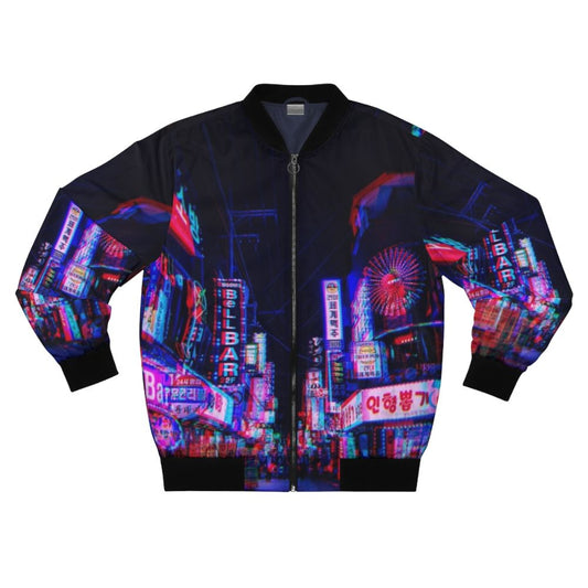 A Korean-inspired bomber jacket with a trippy, LSD-inspired design featuring a cityscape, neon lights, and abstract elements.