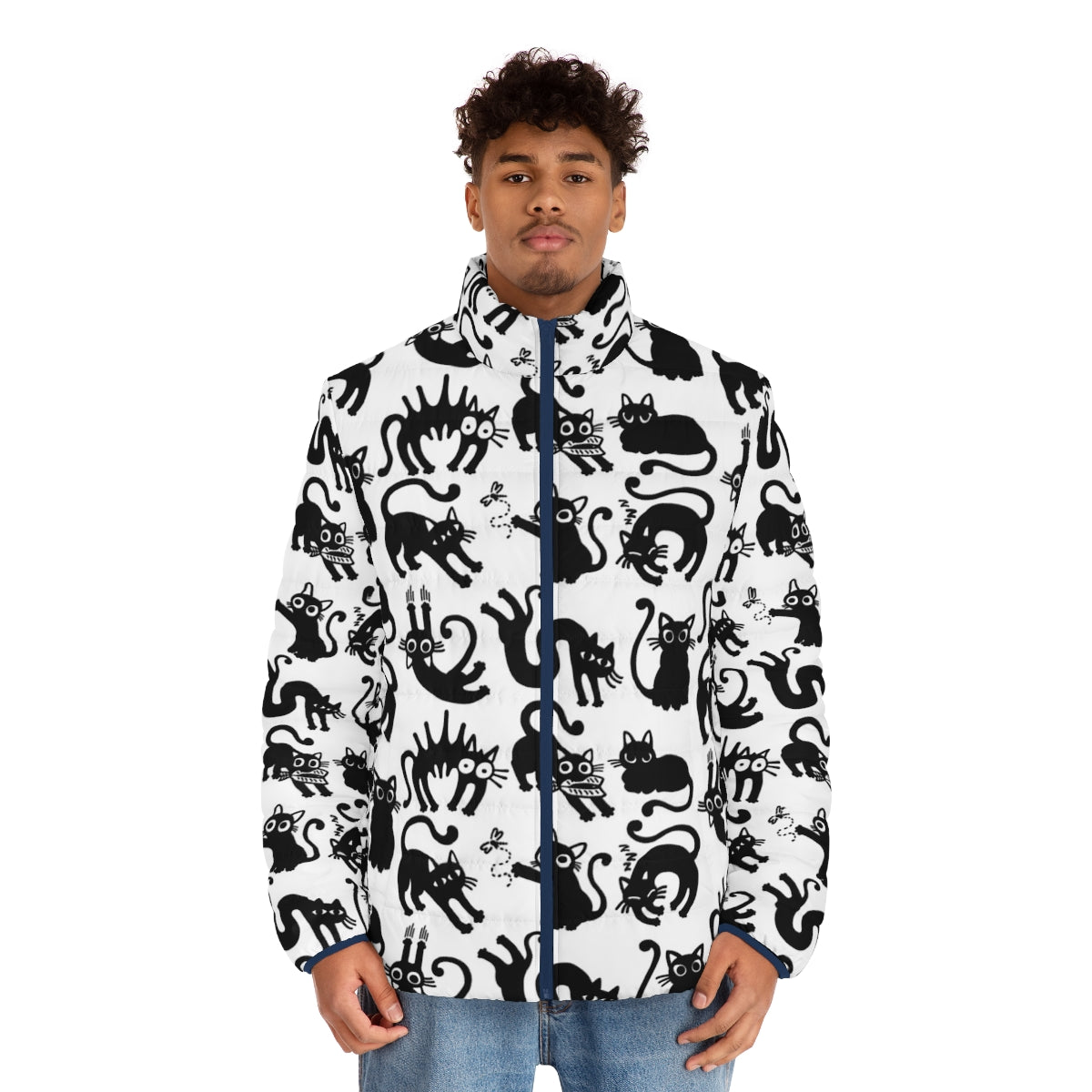 Cozy cat puffer jacket in a simple black and white lineart pattern - men front