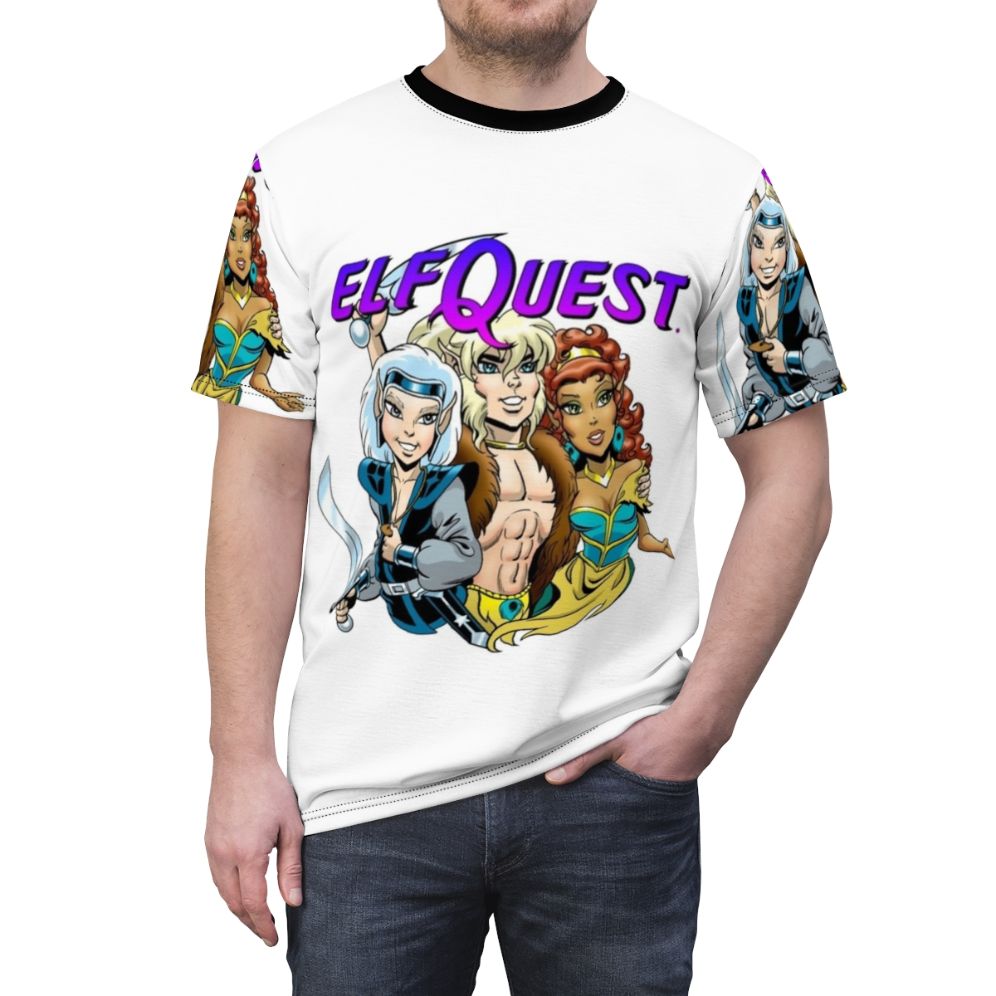 Elfquest-inspired fantasy art t-shirt featuring a trio of elves with wolves - men front