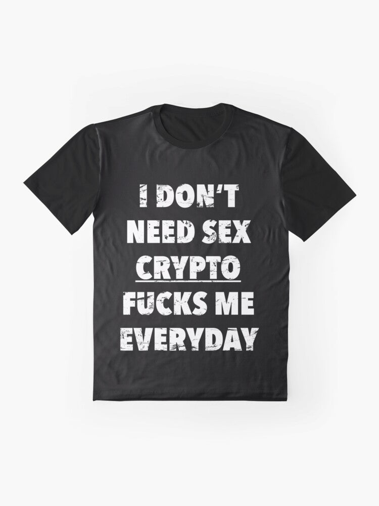 Vintage style graphic t-shirt with the text "Crypto Fucks Me Everyday" - a humorous and satirical take on the cryptocurrency industry. - Flat lay