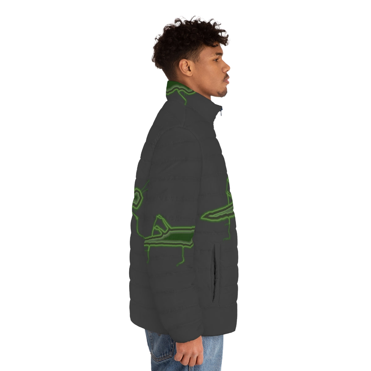 Colorful puffer jacket featuring a grasshopper design representing legendary animals - men side right