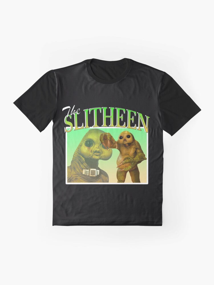 Slitheen graphic design on a black t-shirt, featuring a Doctor Who theme - Flat lay