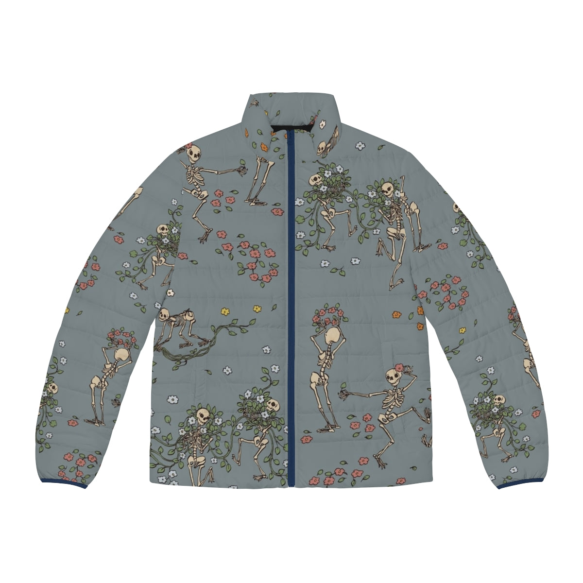 Skeleton puffer jacket with colorful floral garlands