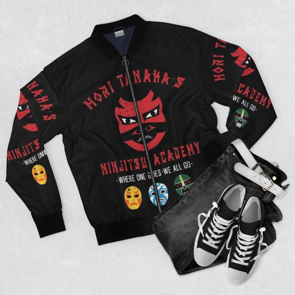 3 Ninjas Ninjitsu School Bomber Jacket, featuring Rocky, Colt, and Tum Tum - Flat lay