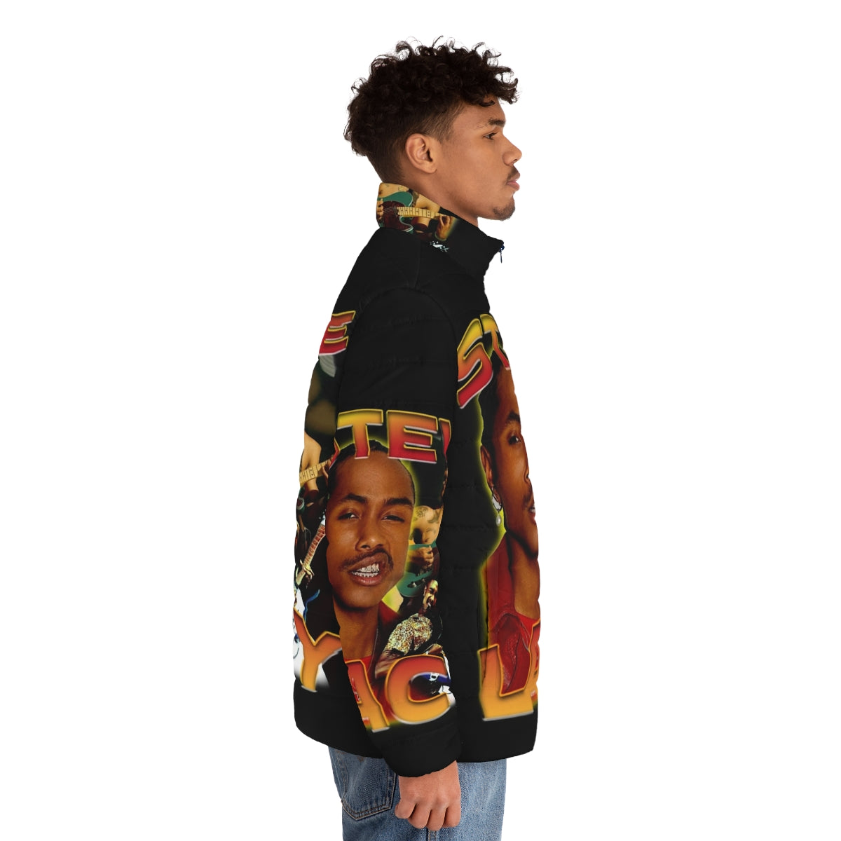 Steve Lacy inspired bootleg puffer jacket with vintage hip hop and R&B style - men side right