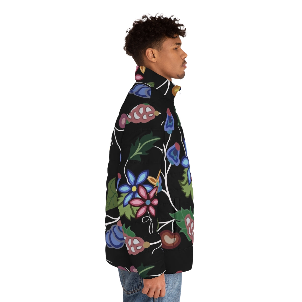 Anishnawbe puffer jacket, indigenous winter clothing for warmth and style - men side right