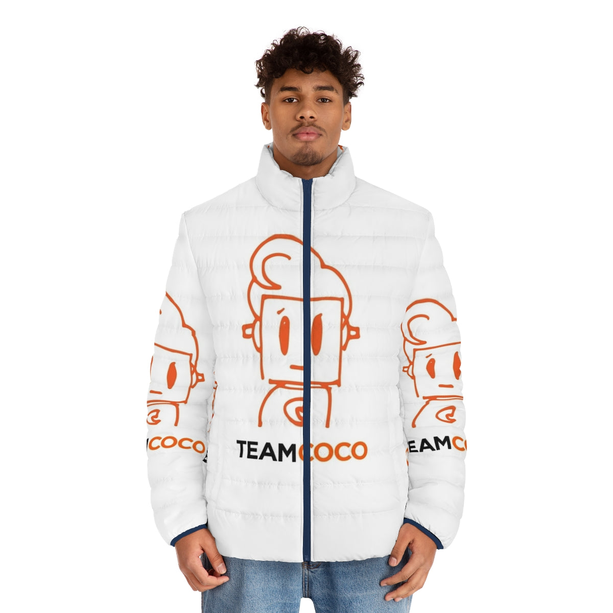 Coco Robot Doodle Puffer Jacket featuring Conan O'Brien's iconic comedy designs - men front