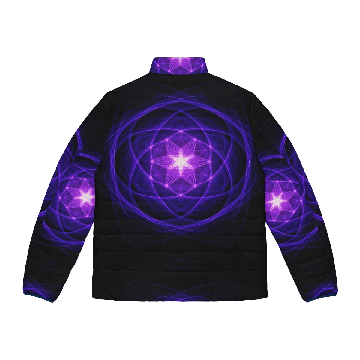 Energetic geometry indigo puffer jacket with sacred geometry elements - Back