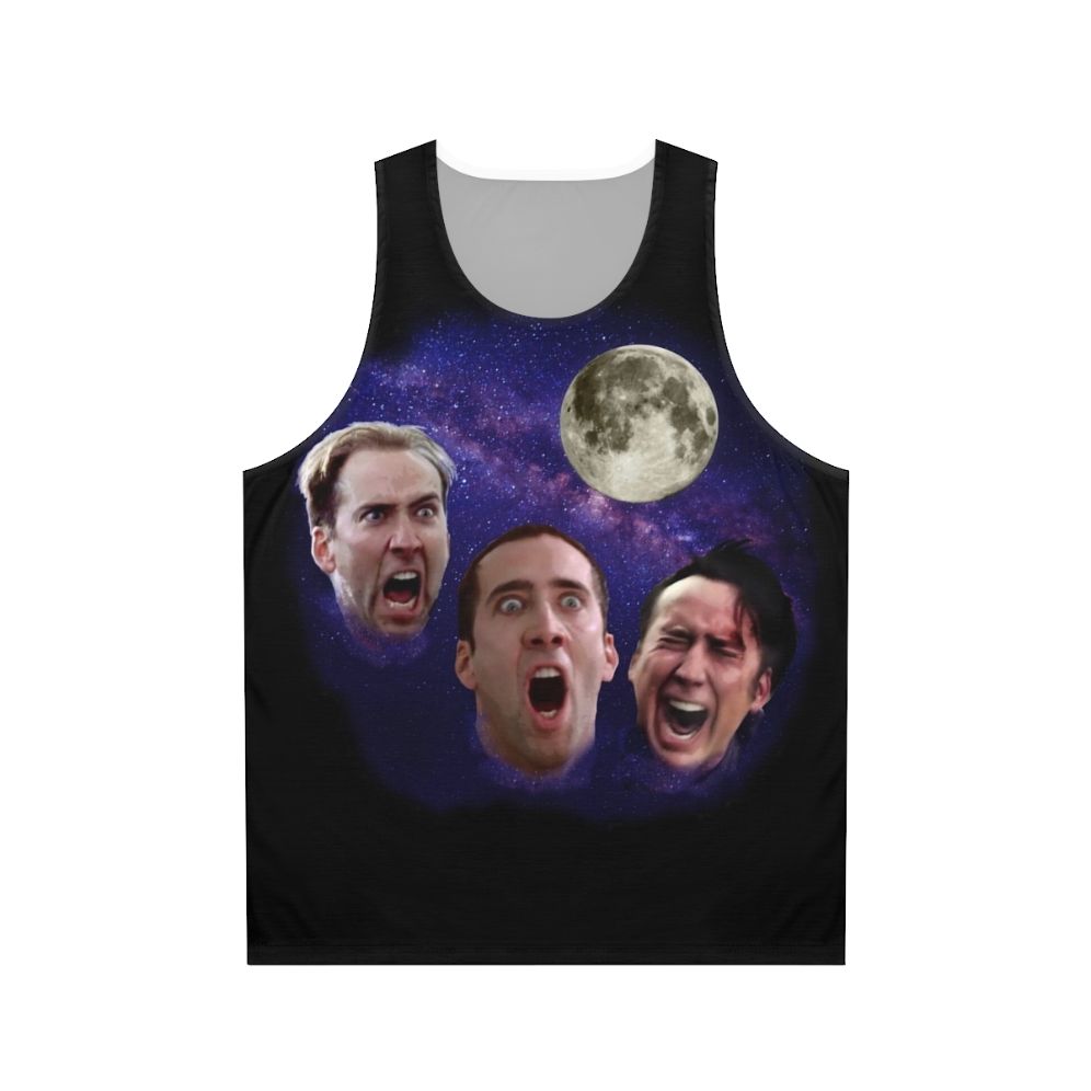 Unisex tank top featuring a Three Cage Moon meme design