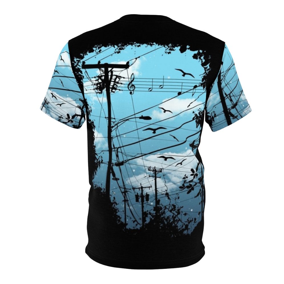 Captivating city music t-shirt featuring a design with birds, clouds, and stars against a black and blue background - Back