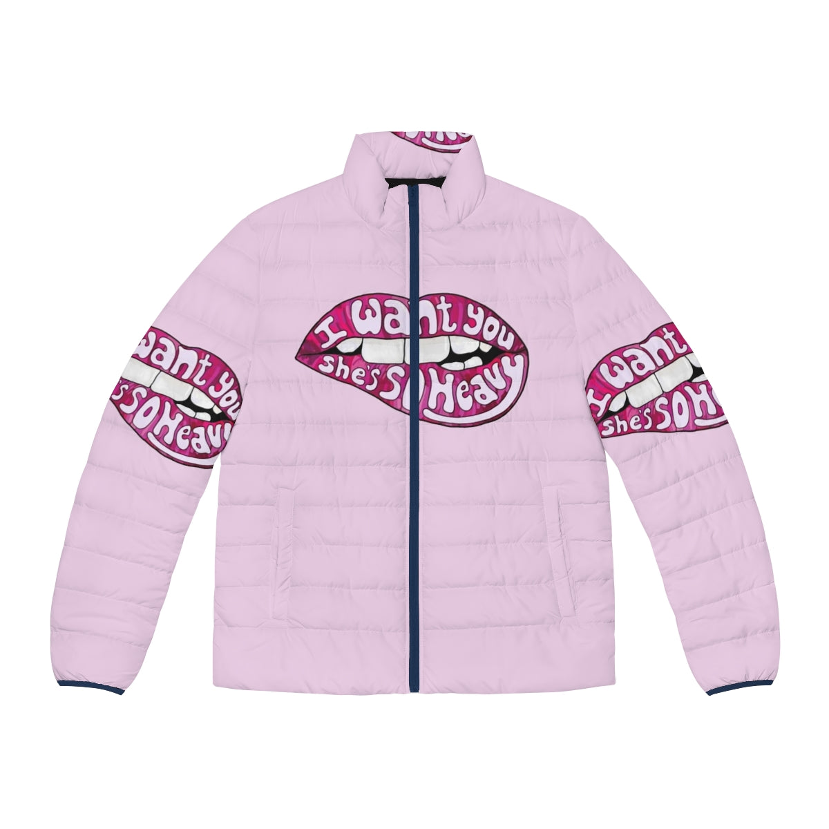 Beatle-inspired puffer jacket with "I Want You She's So Heavy" typography