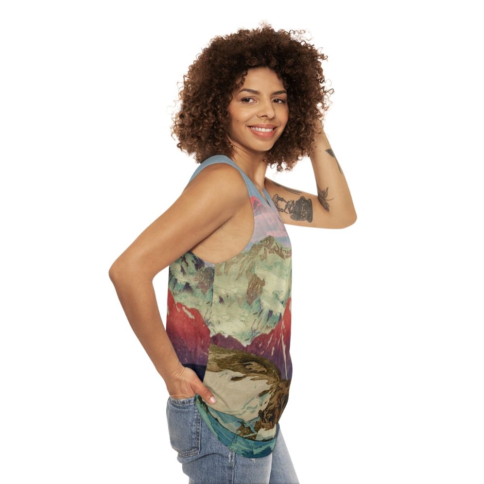 Unisex tank top with a winter landscape inspired by Japanese ukiyo-e art - women side