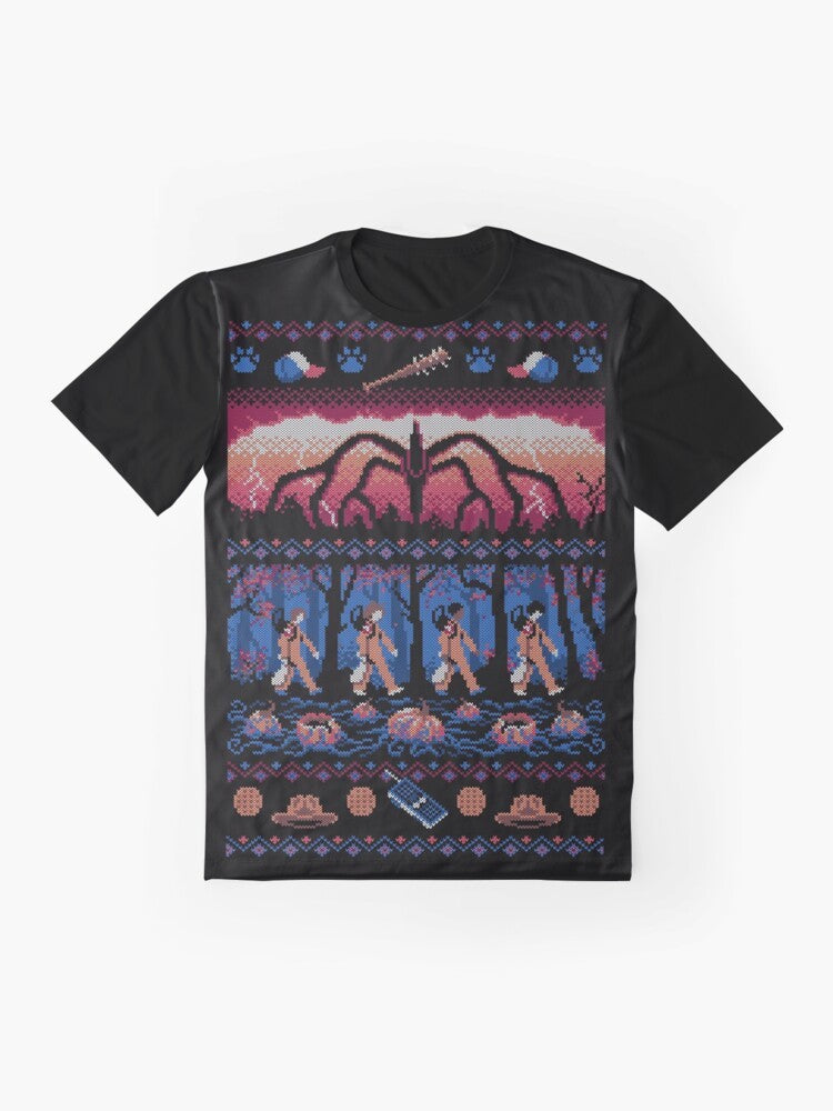 Stranger Things graphic t-shirt featuring a holiday sweater design with the Mind Flayer, Hawkins, and characters from the Netflix series. - Flat lay