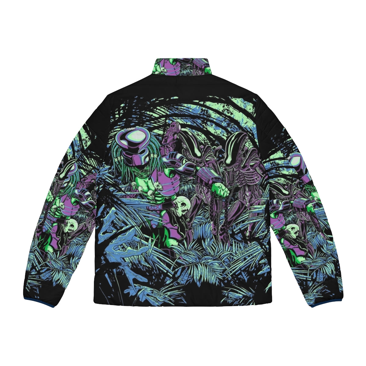 Neon puffer jacket with alien vs predator inspired sci-fi jungle design - Back