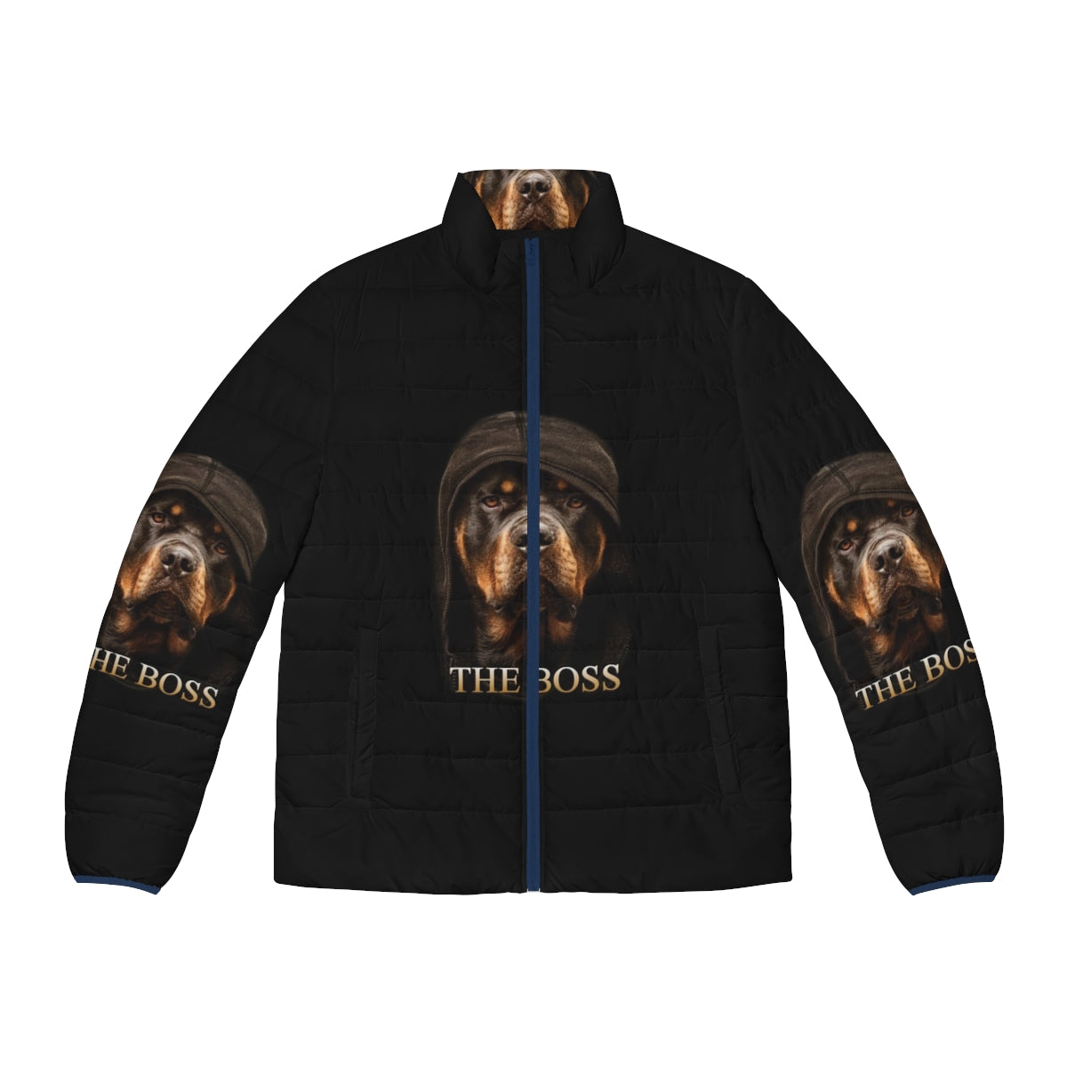 Rottweiler wearing a stylish puffer jacket by Zilly Co