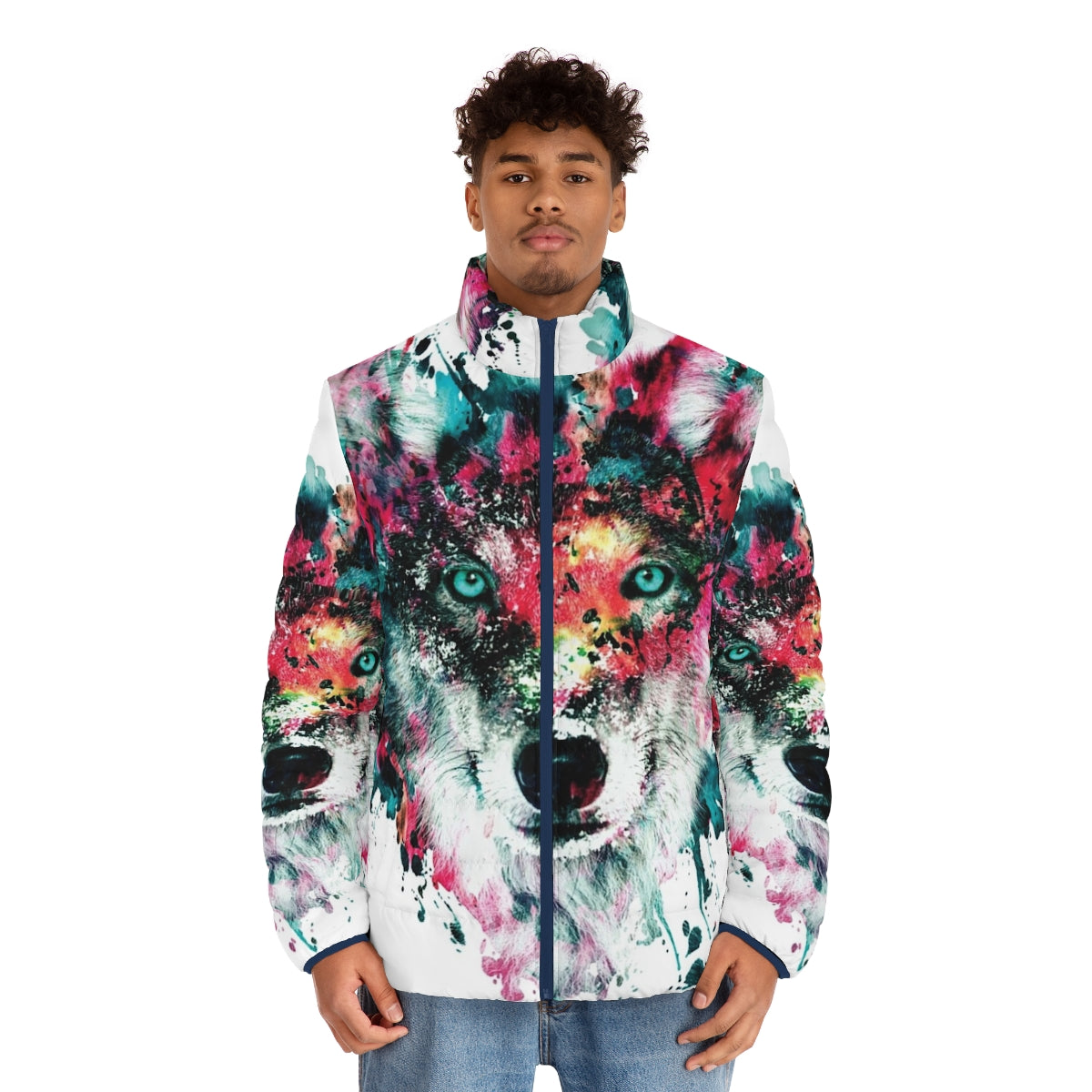 Vibrant wolf puffer jacket artwork featuring abstract, colorful design - men front