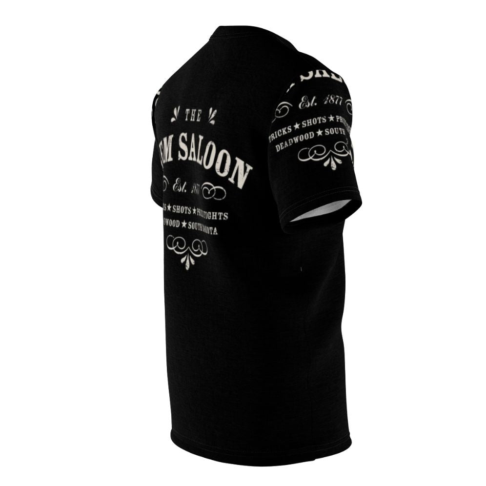 Vintage western graphic t-shirt with The Gem Saloon Deadwood typography design - men right