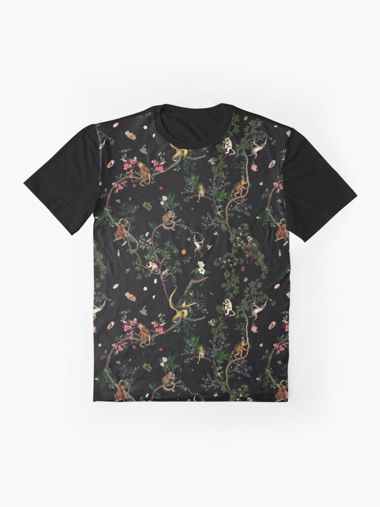 Vintage-style graphic t-shirt featuring a monkey in a botanical jungle scene - Flat lay