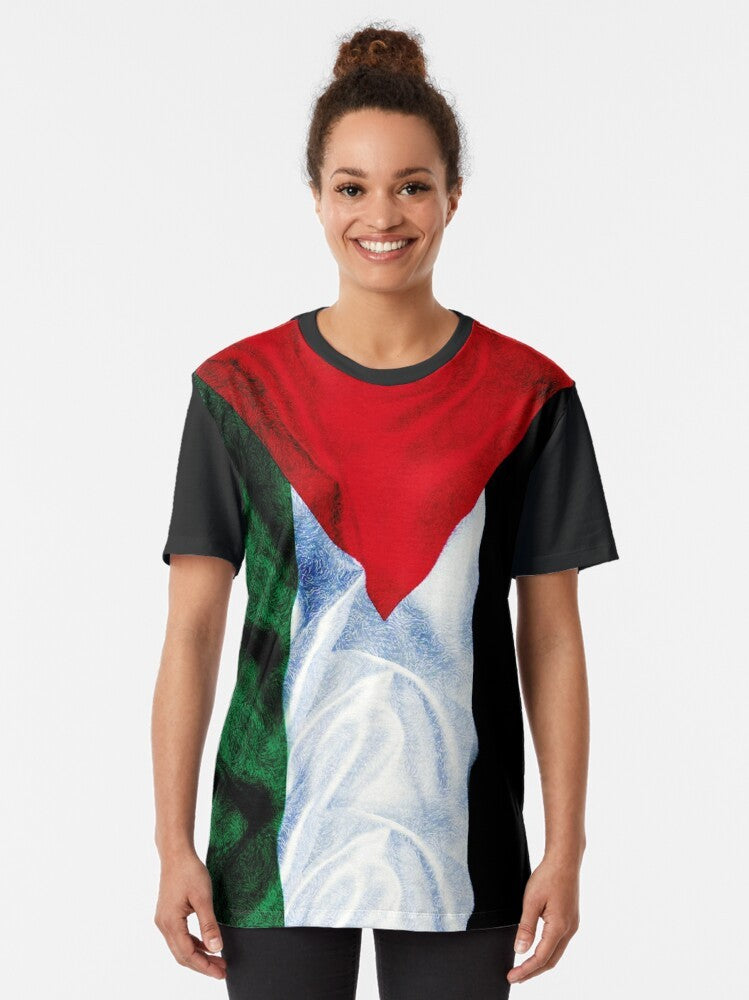 Palestinian flag graphic printed on a t-shirt, featuring the iconic colors and design of the Palestinian national flag. - Women