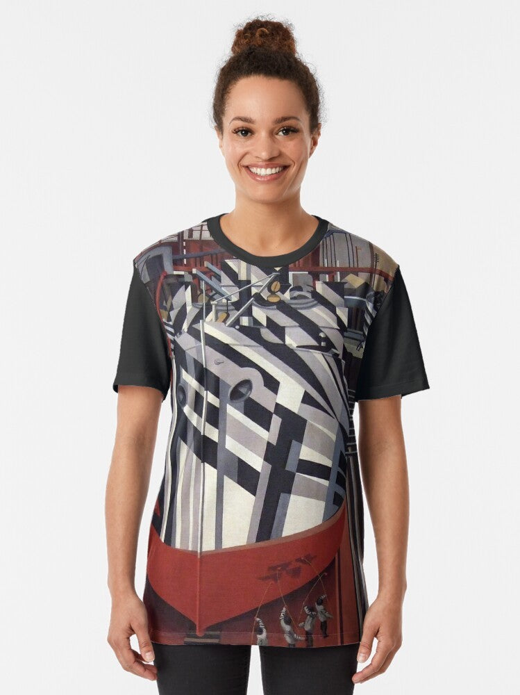 Graphic t-shirt featuring the surrealist masterpiece "Dazzle Ships in Drydock at Liverpool" by the famous artist Edward Wadsworth. - Women