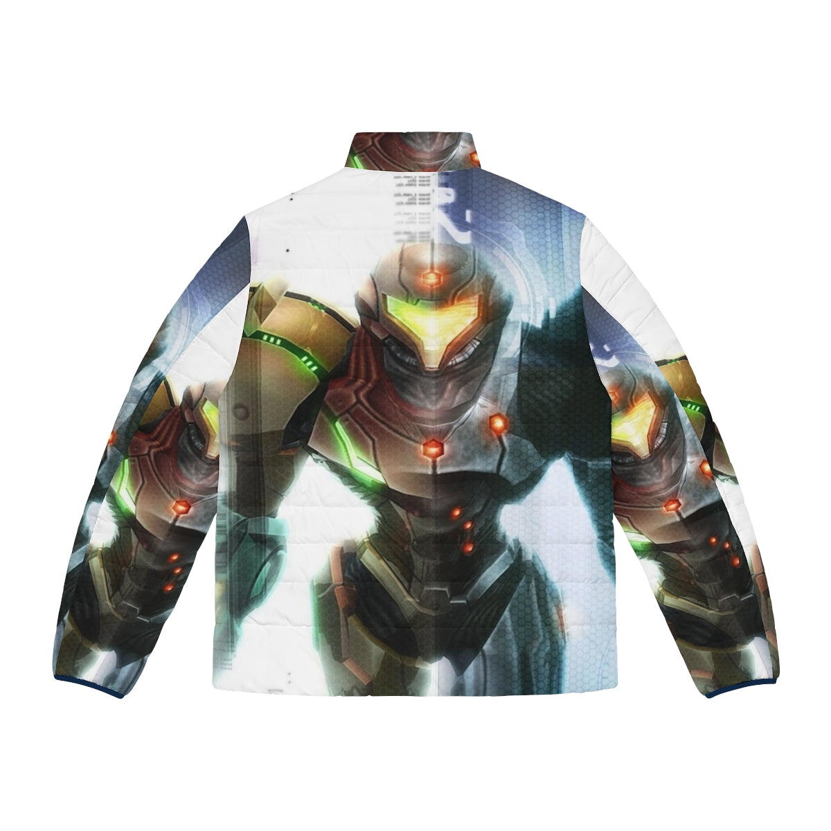 Metroid-themed puffer jacket with futuristic sci-fi design - Back