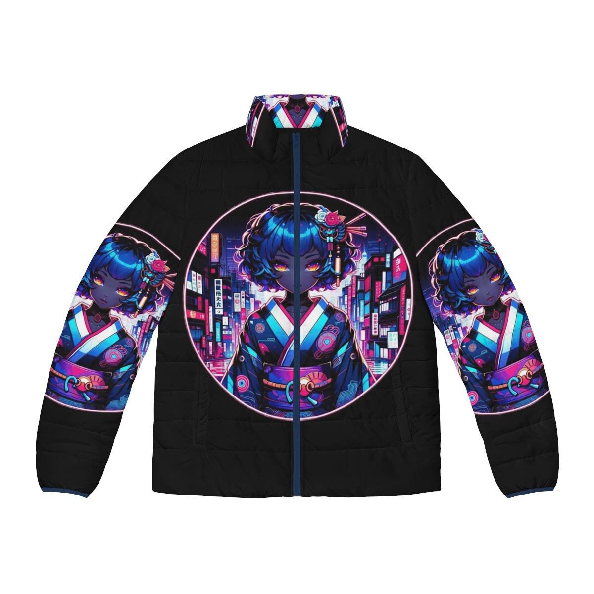 Cyber Geisha Dreams Puffer Jacket with Neon Accents and Futuristic Design