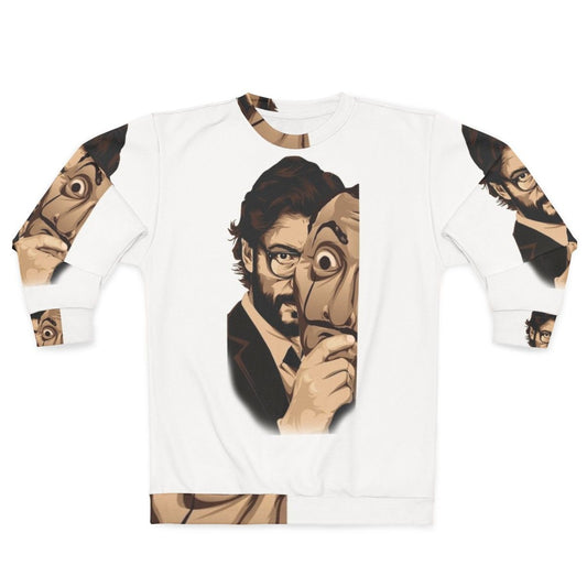 Money Heist themed sweatshirt with Professor and Dali mask designs