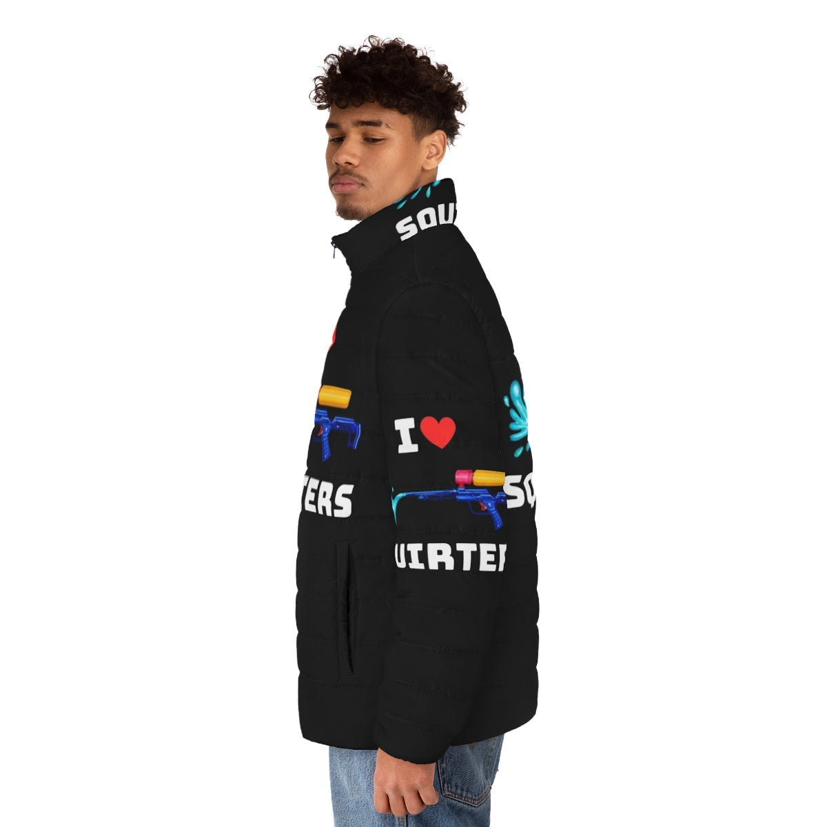 Squirrel lover puffer jacket with "I Love Squirters" graphic - men side left