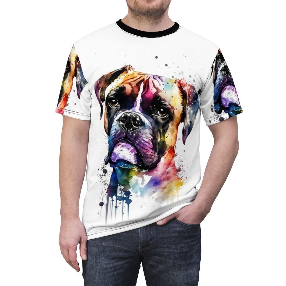 Colorful watercolor painting of a boxer dog's face on a t-shirt - men front