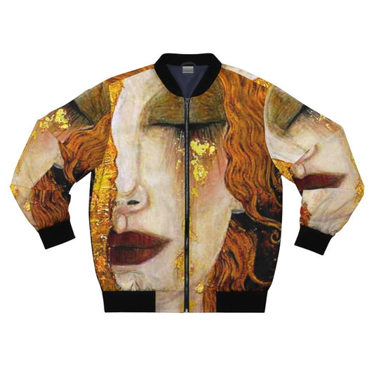 Bomber jacket featuring "Freya's Tears" painting by Gustav Klimt, depicting a woman in grief with golden tears